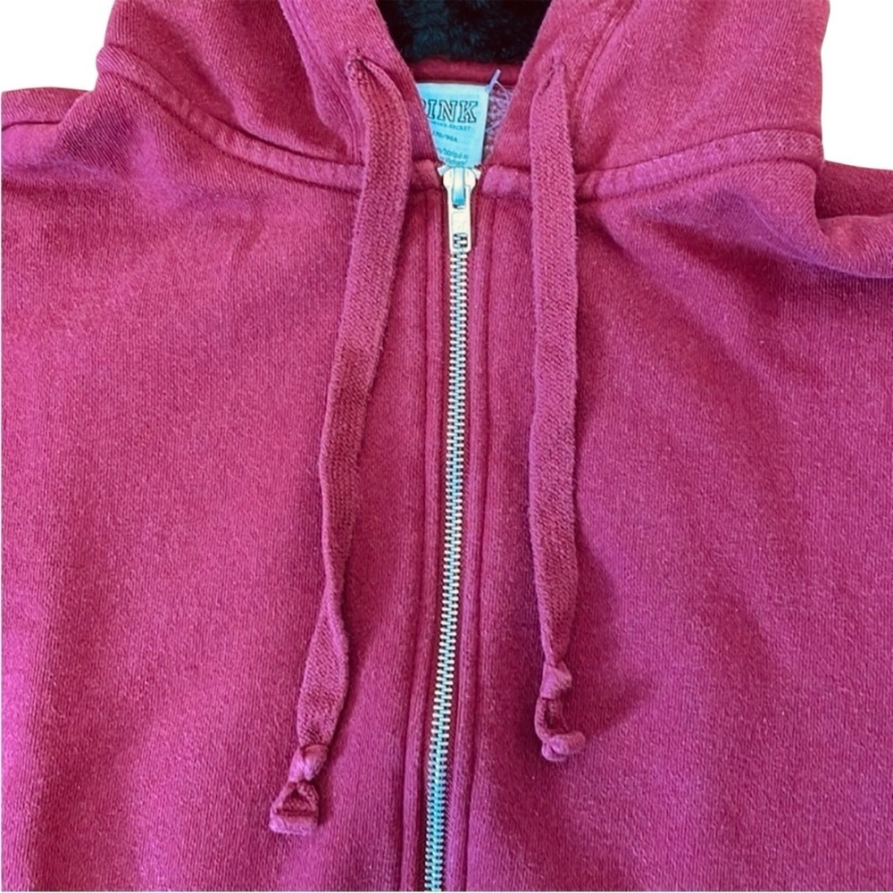 Victorias Secret PINK Faux Fur Lined Hood Sweatshirt Full Zip Burgundy Maroon - Picture 9 of 13
